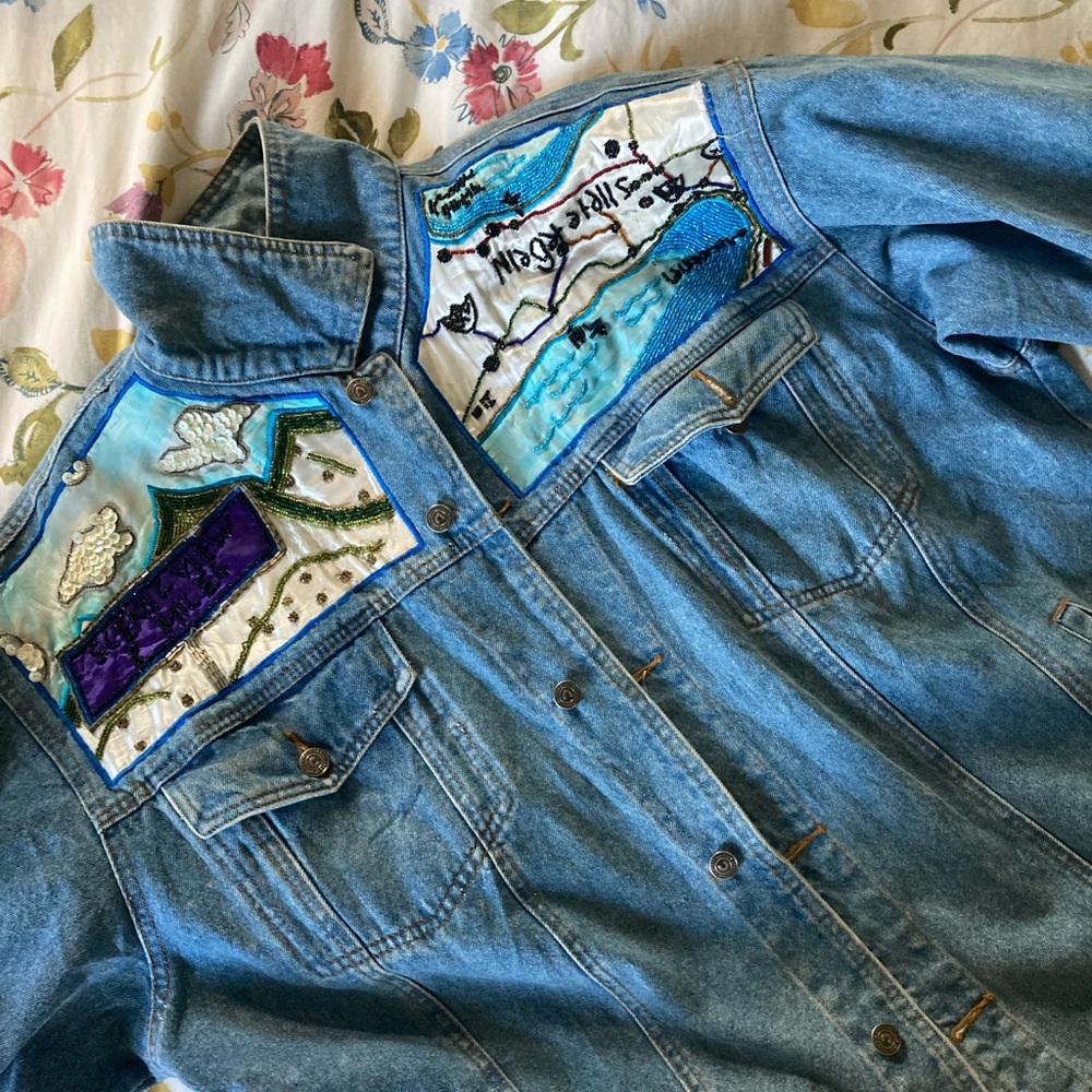 Blue Denim Jacket with Artistic Patches